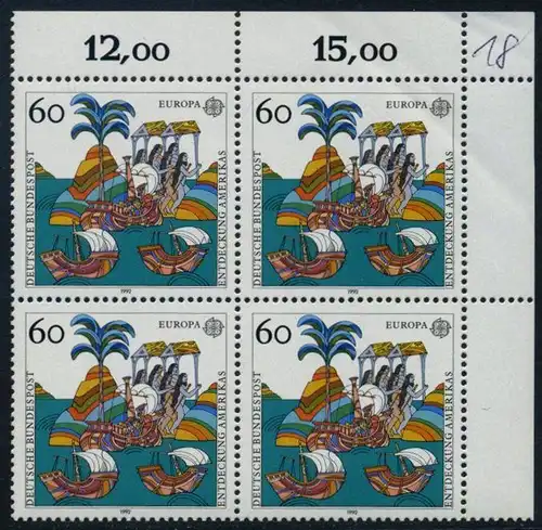 BUND 1992 Michel-Nummer 1608 postfrisch BLOCK ECKRAND oben rechts