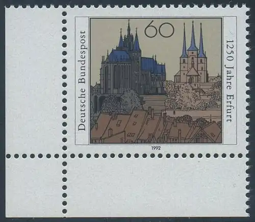 BUND 1992 Michel-Nummer 1611 postfrisch EINZELMARKE ECKRAND unten links