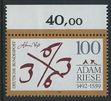 BUND 1992 Michel-Nummer 1612 postfrisch EINZELMARKE RAND oben