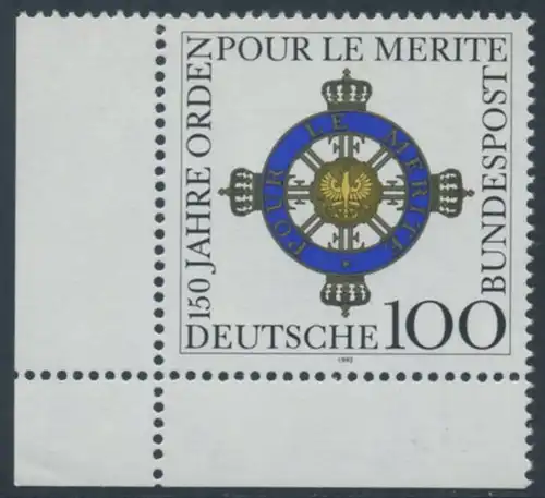 BUND 1992 Michel-Nummer 1613 postfrisch EINZELMARKE ECKRAND unten links