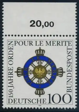 BUND 1992 Michel-Nummer 1613 postfrisch EINZELMARKE RAND oben