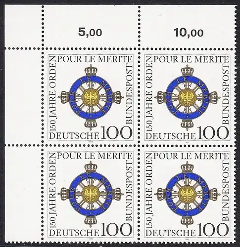 BUND 1992 Michel-Nummer 1613 postfrisch BLOCK ECKRAND oben links