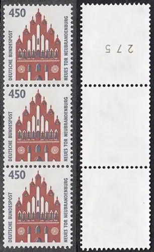 BUND 1992 Michel-Nummer 1623 postfrisch vert.STRIP(3) m/ rücks.Rollennummer 275