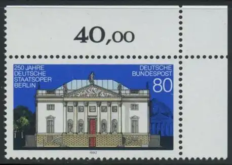 BUND 1992 Michel-Nummer 1625 postfrisch EINZELMARKE ECKRAND oben rechts