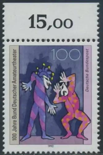 BUND 1992 Michel-Nummer 1626 postfrisch EINZELMARKE RAND oben (a)