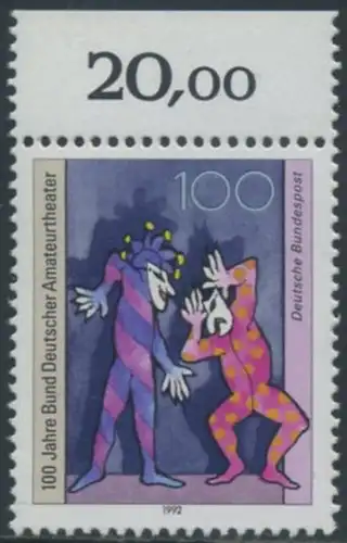 BUND 1992 Michel-Nummer 1626 postfrisch EINZELMARKE RAND oben (b)