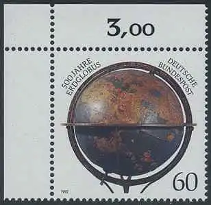 BUND 1992 Michel-Nummer 1627 postfrisch EINZELMARKE ECKRAND oben links