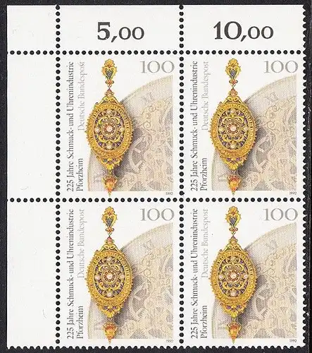 BUND 1992 Michel-Nummer 1628 postfrisch BLOCK ECKRAND oben links