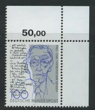 BUND 1992 Michel-Nummer 1629 postfrisch EINZELMARKE ECKRAND oben rechts