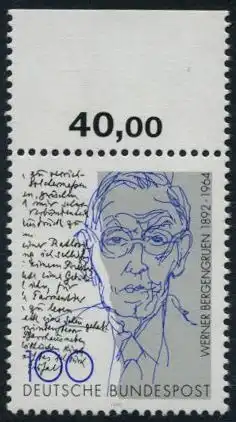 BUND 1992 Michel-Nummer 1629 postfrisch EINZELMARKE RAND oben (a)