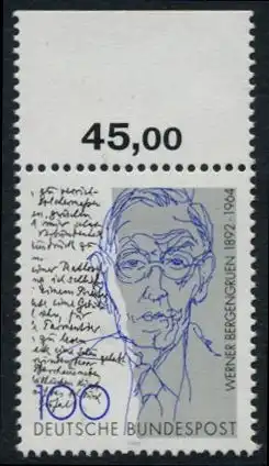 BUND 1992 Michel-Nummer 1629 postfrisch EINZELMARKE RAND oben (b)
