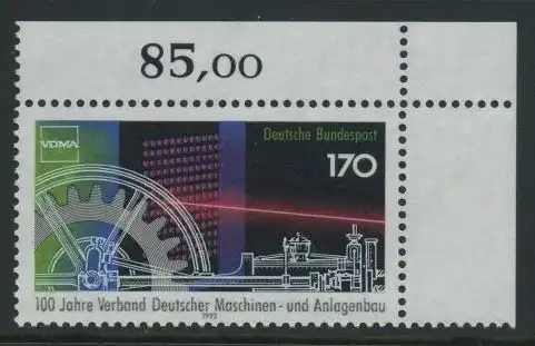 BUND 1992 Michel-Nummer 1636 postfrisch EINZELMARKE ECKRAND oben rechts (a)