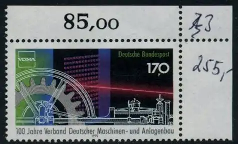 BUND 1992 Michel-Nummer 1636 postfrisch EINZELMARKE ECKRAND oben rechts (b)