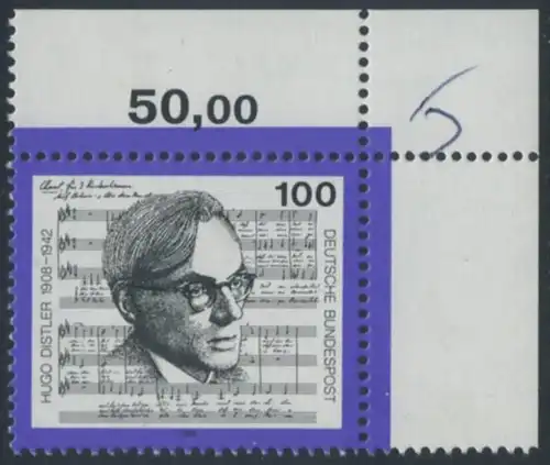 BUND 1992 Michel-Nummer 1637 postfrisch EINZELMARKE ECKRAND oben rechts