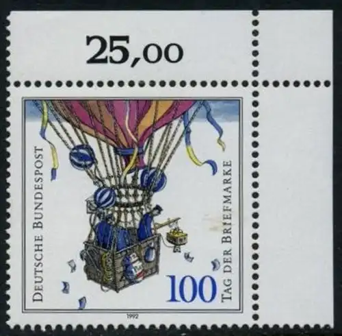 BUND 1992 Michel-Nummer 1638 postfrisch EINZELMARKE ECKRAND oben rechts (a)