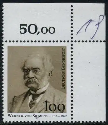 BUND 1992 Michel-Nummer 1642 postfrisch EINZELMARKE ECKRAND oben rechts (b)