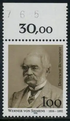 BUND 1992 Michel-Nummer 1642 postfrisch EINZELMARKE RAND oben (ea/BZ)