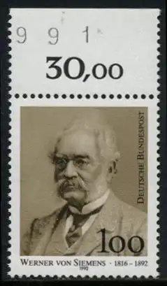 BUND 1992 Michel-Nummer 1642 postfrisch EINZELMARKE RAND oben (eb/BZ)