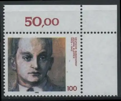 BUND 1992 Michel-Nummer 1643 postfrisch EINZELMARKE ECKRAND oben rechts