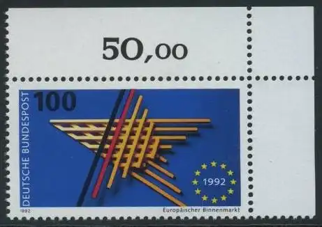 BUND 1992 Michel-Nummer 1644 postfrisch EINZELMARKE ECKRAND oben rechts (a)