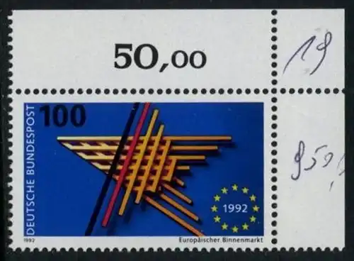 BUND 1992 Michel-Nummer 1644 postfrisch EINZELMARKE ECKRAND oben rechts (b)