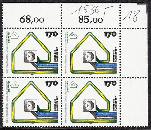 BUND 1993 Michel-Nummer 1648 postfrisch BLOCK ECKRAND oben rechts