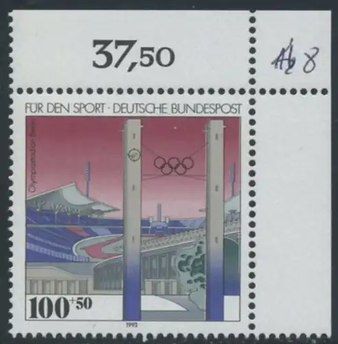 BUND 1993 Michel-Nummer 1652 postfrisch EINZELMARKE ECKRAND oben rechts