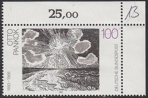 BUND 1993 Michel-Nummer 1657 postfrisch EINZELMARKE ECKRAND oben rechts (b)