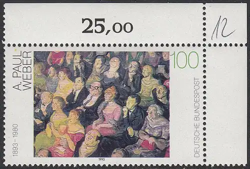 BUND 1993 Michel-Nummer 1658 postfrisch EINZELMARKE ECKRAND oben rechts