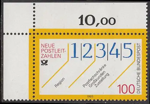 BUND 1993 Michel-Nummer 1659 postfrisch EINZELMARKE ECKRAND oben links