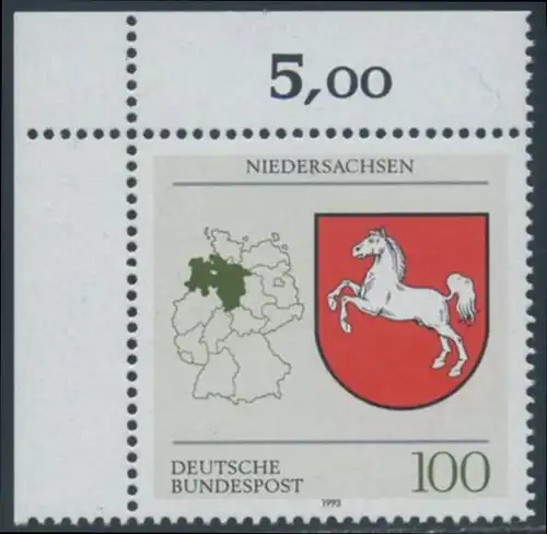 BUND 1993 Michel-Nummer 1662 postfrisch EINZELMARKE ECKRAND oben links