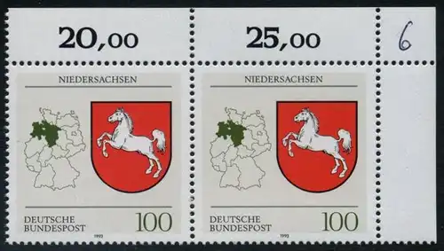 BUND 1993 Michel-Nummer 1662 postfrisch horiz.PAAR ECKRAND oben rechts