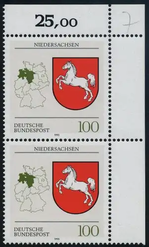 BUND 1993 Michel-Nummer 1662 postfrisch vert.PAAR ECKRAND oben rechts