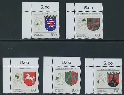 BUND 1993 Michel-Nummer 1660-1664 postfrisch SATZ(5) EINZELMARKEN ECKRÄNDER oben links