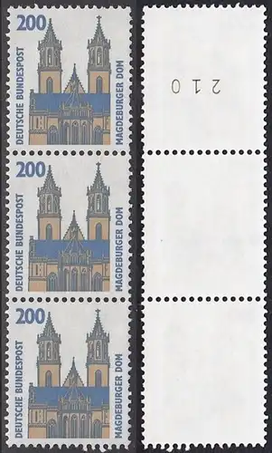 BUND 1993 Michel-Nummer 1665 postfrisch vert.STRIP(3) m/ rücks.Rollennummer 210