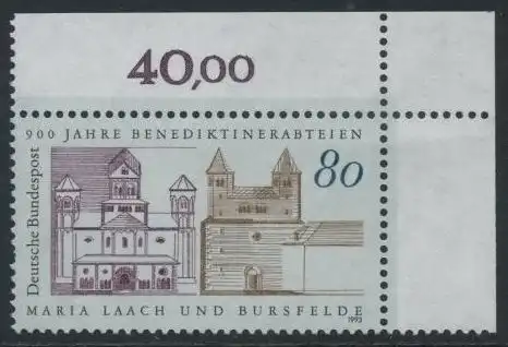 BUND 1993 Michel-Nummer 1671 postfrisch EINZELMARKE ECKRAND oben rechts (a)