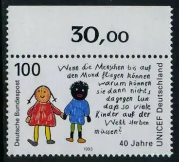 BUND 1993 Michel-Nummer 1682 postfrisch EINZELMARKE RAND oben