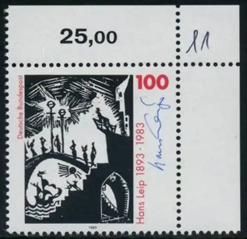 BUND 1993 Michel-Nummer 1694 postfrisch EINZELMARKE ECKRAND oben rechts (a)