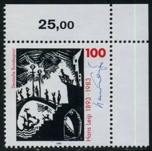 BUND 1993 Michel-Nummer 1694 postfrisch EINZELMARKE ECKRAND oben rechts (b)