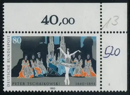 BUND 1993 Michel-Nummer 1702 postfrisch EINZELMARKE ECKRAND oben rechts (c)