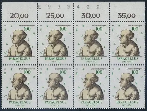 BUND 1993 Michel-Nummer 1704 postfrisch horiz.BLOCK(8) RÄNDER oben (BZ)