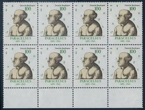 BUND 1993 Michel-Nummer 1704 postfrisch horiz.BLOCK(8) RÄNDER unten