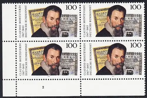 BUND 1993 Michel-Nummer 1705 postfrisch BLOCK ECKRAND unten links (FN)