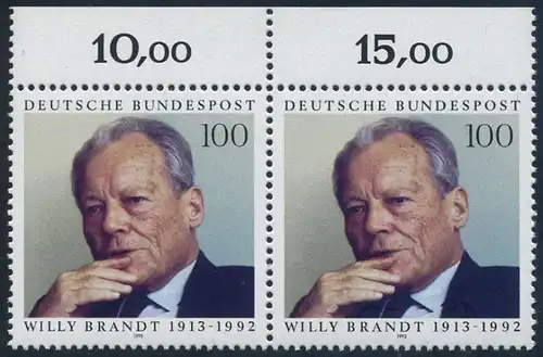 BUND 1993 Michel-Nummer 1706 postfrisch horiz.PAAR RAND oben