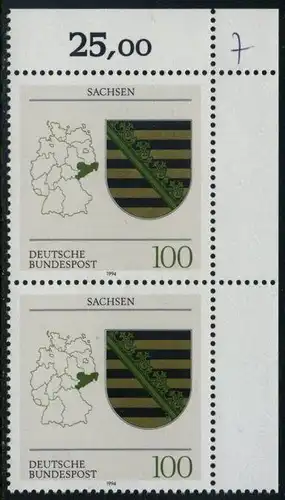 BUND 1994 Michel-Nummer 1713 postfrisch vert.PAAR ECKRAND oben rechts