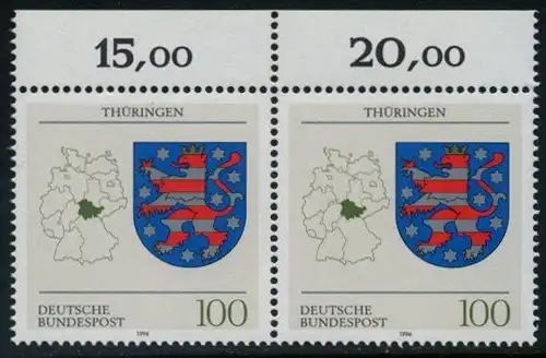 BUND 1994 Michel-Nummer 1716 postfrisch horiz.PAAR RAND oben