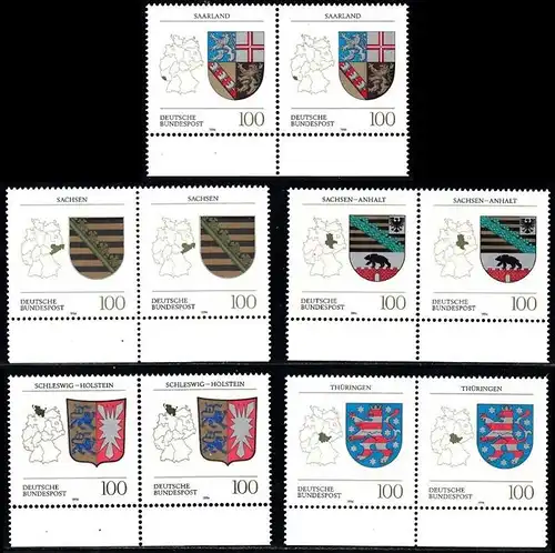 BUND 1994 Michel-Nummer 1712-1716 postfrisch SATZ(5) horiz.PAARE RÄNDER unten