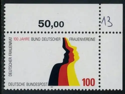 BUND 1994 Michel-Nummer 1723 postfrisch EINZELMARKE ECKRAND oben rechts