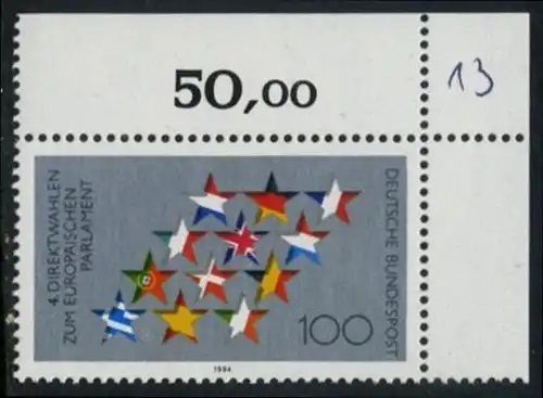 BUND 1994 Michel-Nummer 1724 postfrisch EINZELMARKE ECKRAND oben rechts
