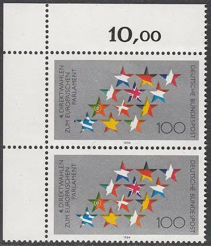 BUND 1994 Michel-Nummer 1724 postfrisch vert.PAAR ECKRAND oben links